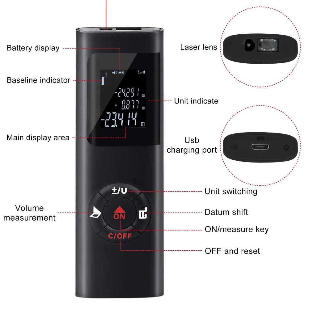 SmartMeasure 40M/60M Mini Laser Distance Meter – USB Rechargeable Handheld Rangefinder for Accurate Measurements