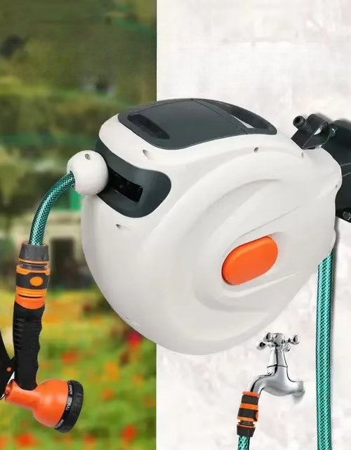 Load image into Gallery viewer, 10/20M Automatic Rewind Hose Reel with 7 Pattern Hose Nozzle Water Hose Reel Slow Return System for Car Garden
